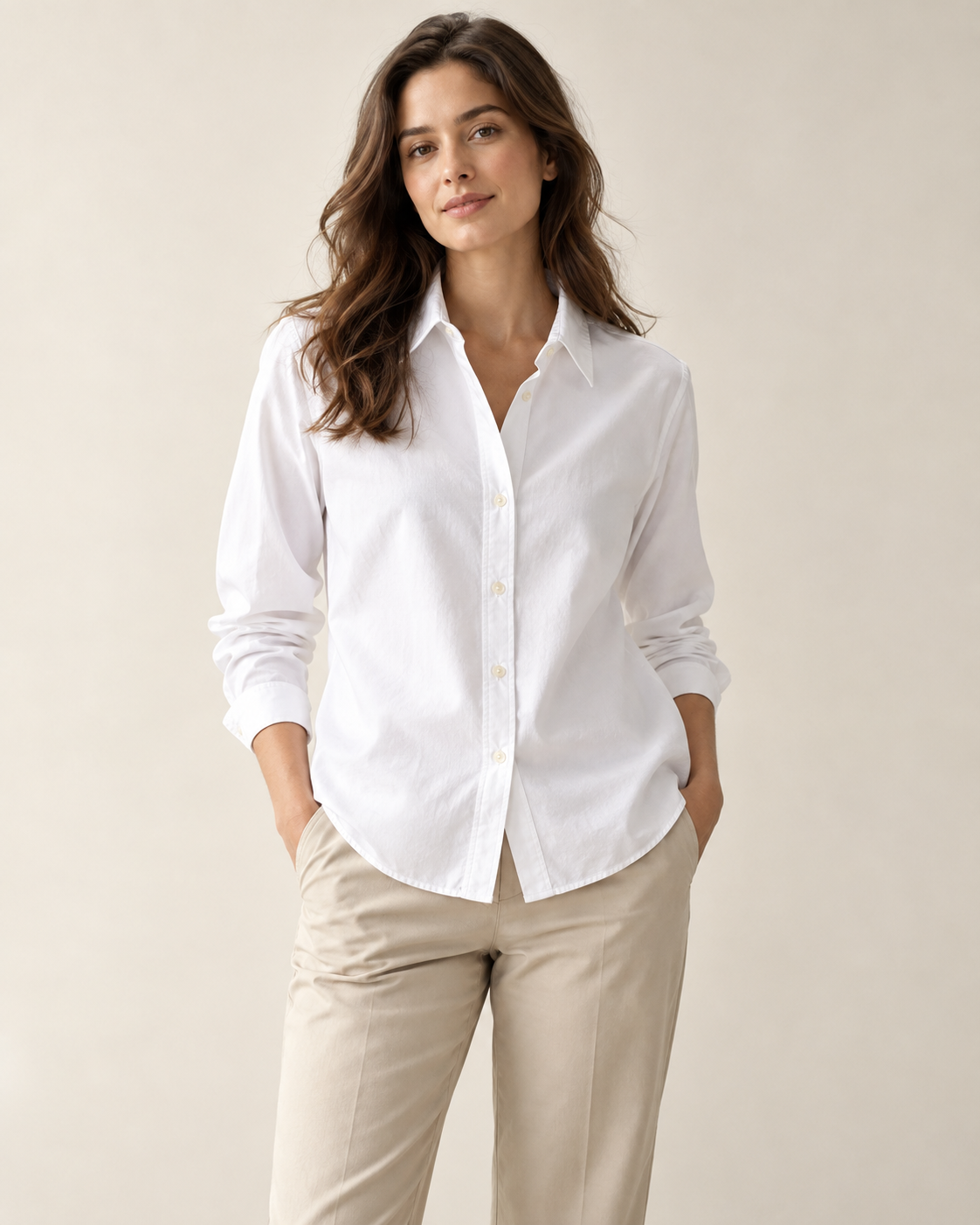 Woman wearing Solenne classic button-front shirt in white