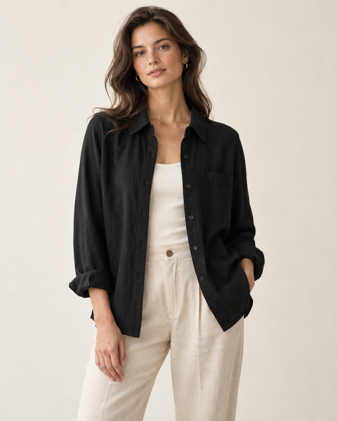 Woman wearing Solenne lightweight overshirt in black